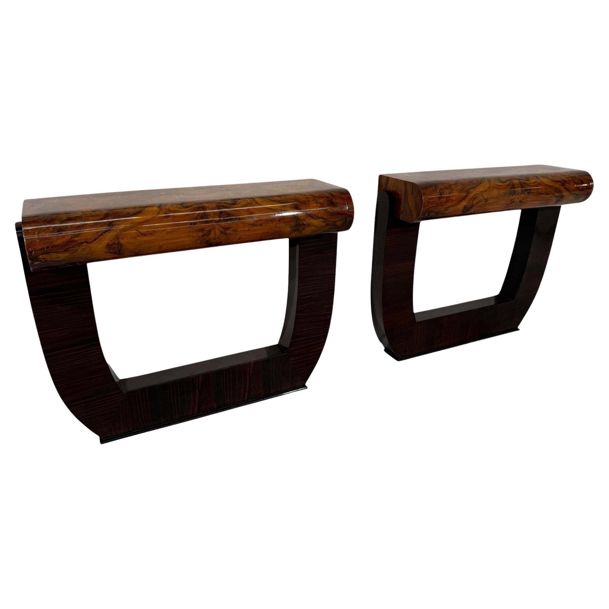 Pair of Mid-Century Italian Burl Wood Console Tables For Sale