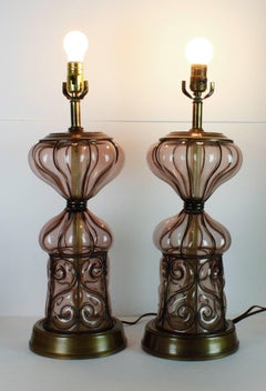 Pair of Midcentury Italian Caged Glass Bubble Lamps