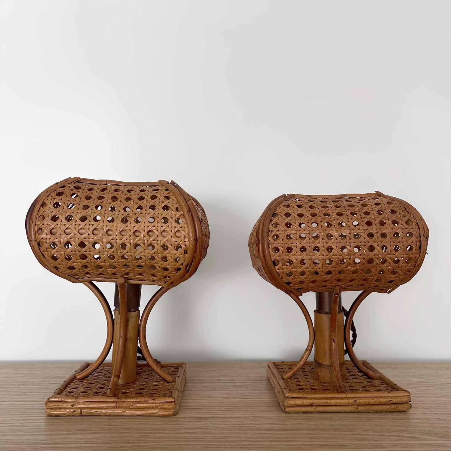 Pair of Mid Century Italian Cane & Rattan Table Lamps (rewired for US) 8