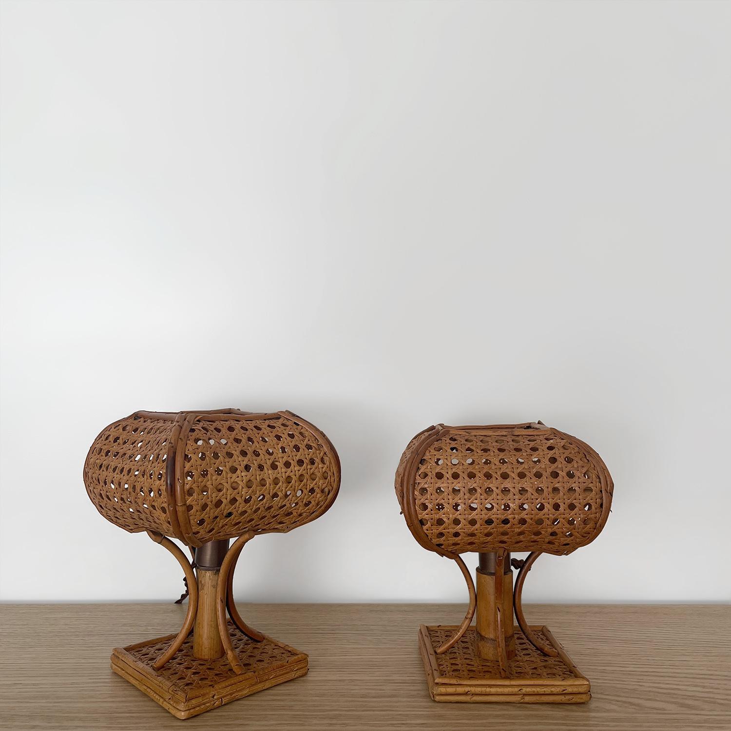 Pair of Mid Century Italian Cane & Rattan Table Lamps (rewired for US) In Good Condition In Los Angeles, CA