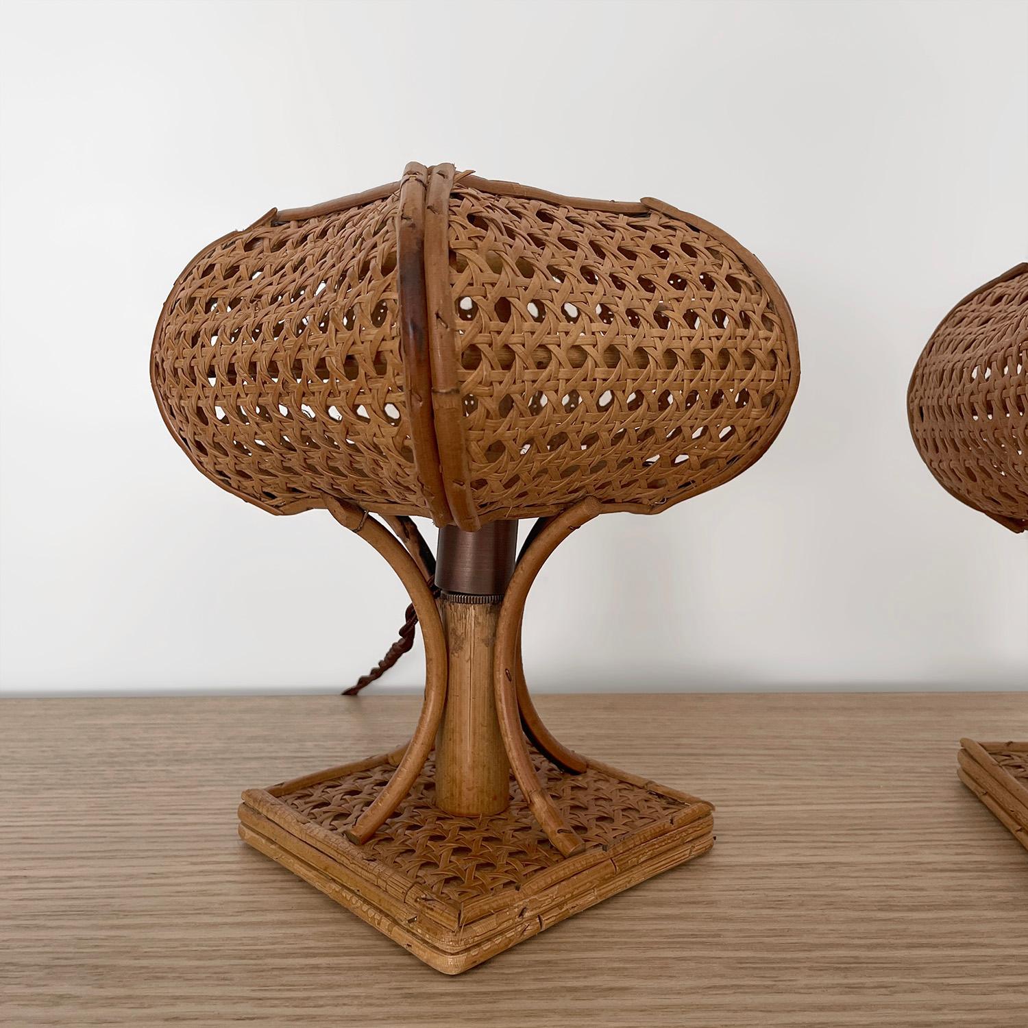 20th Century Pair of Mid Century Italian Cane & Rattan Table Lamps (rewired for US)