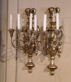 Pair of Mid-Century Italian Carved and Iron Silver Leaf and Gilt Wall Sconces