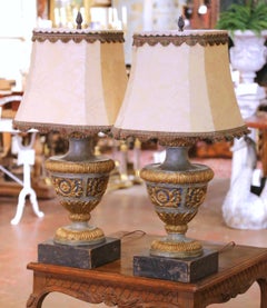 Pair of Mid-Century Italian Carved and Painted Urn Form Table Lamps