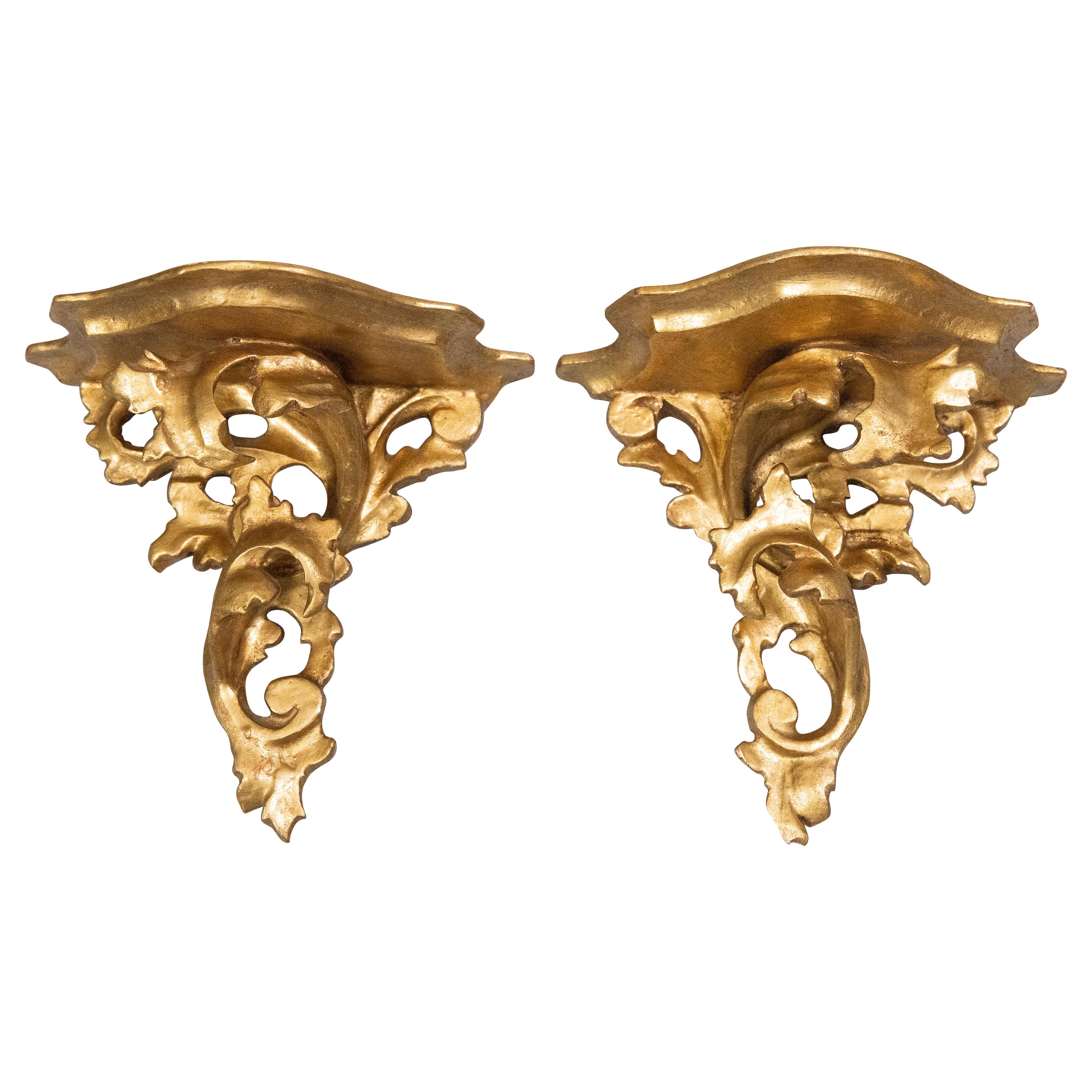 Pair of Mid-Century Italian Carved Giltwood Wall Brackets Shelves