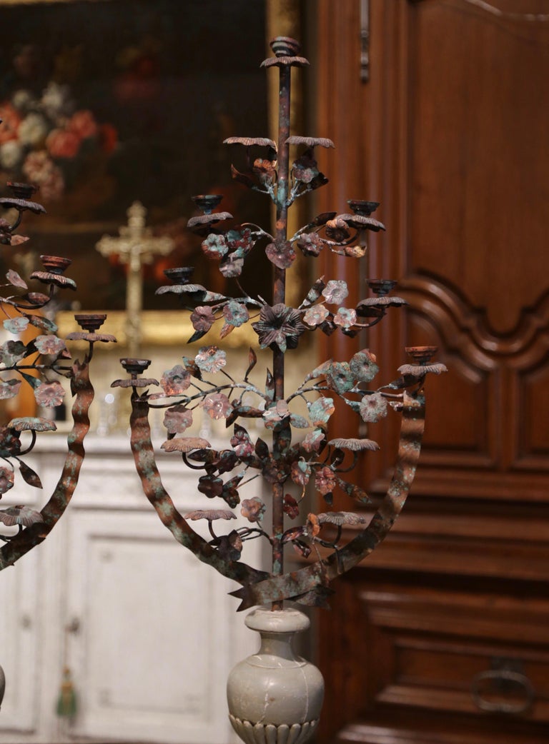 Pair of MidCentury Italian Carved Painted and Metal Candelabras For