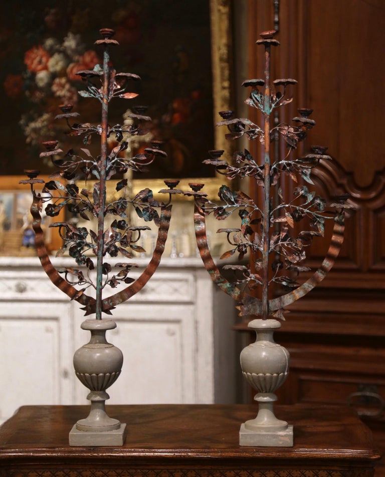 Pair of MidCentury Italian Carved Painted and Metal Candelabras For