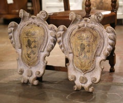 Pair of Mid-Century Italian Carved Painted Wall Hanging Coat of Arms Shields