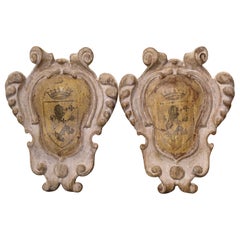 Pair of Mid-Century Italian Carved Painted Wall Hanging Coat of Arms Shields