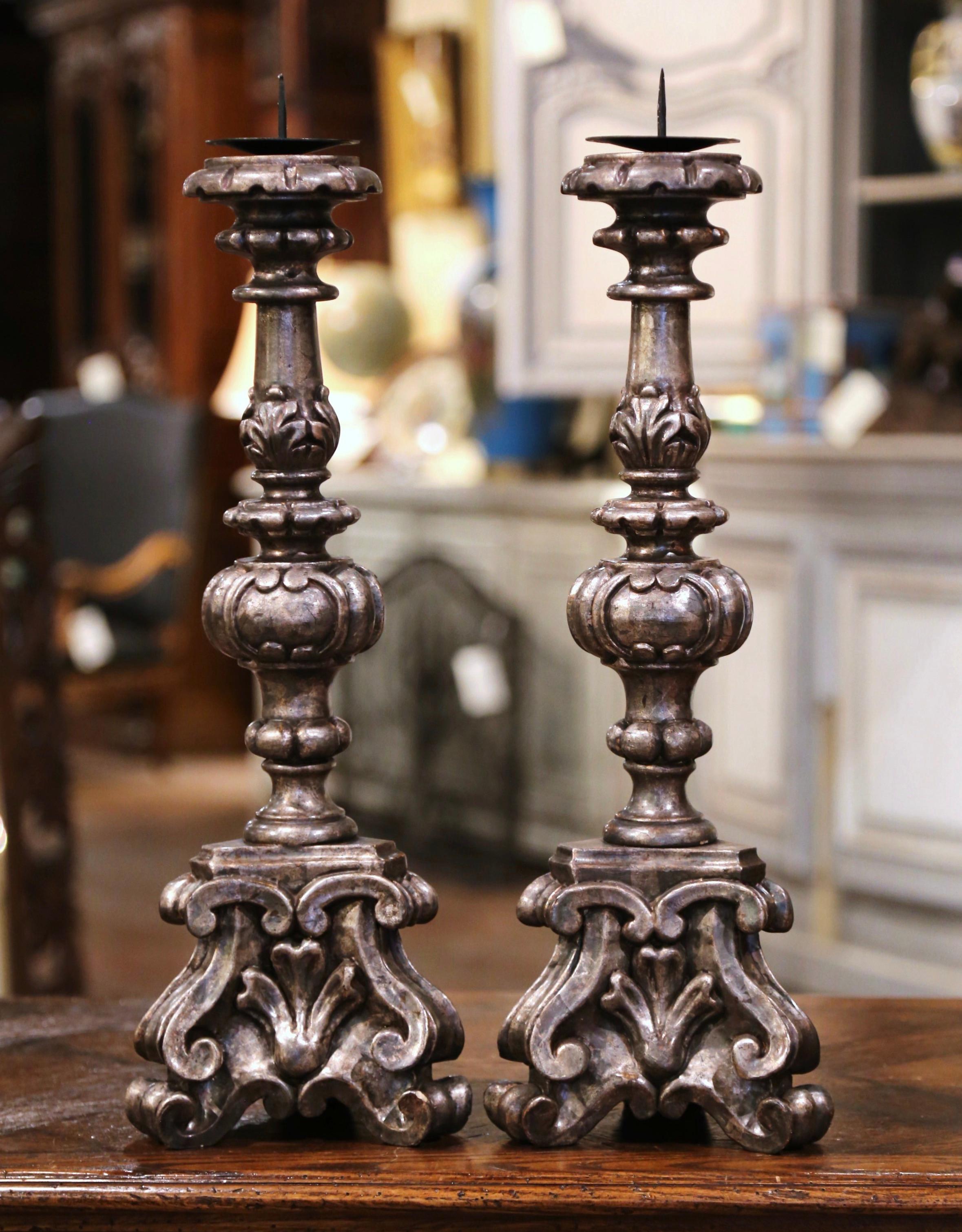 Hand-Carved Pair of Mid-Century Italian Carved Silver Leaf Candlesticks Prickets