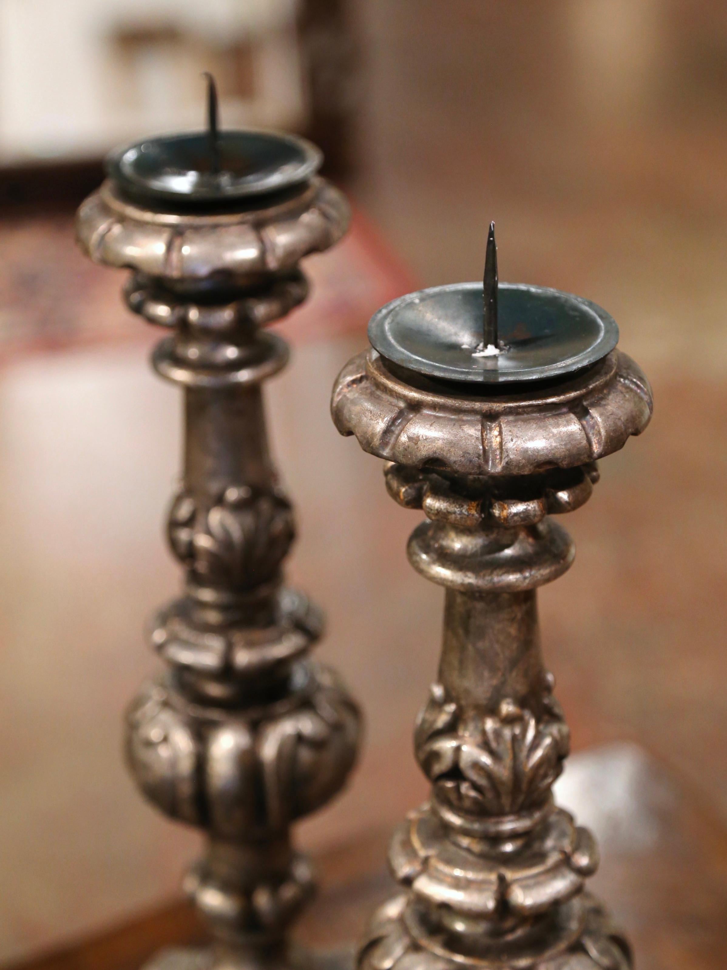 20th Century Pair of Mid-Century Italian Carved Silver Leaf Candlesticks Prickets