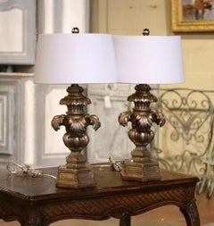 Pair of Mid-Century Italian Carved Silvered Table Lamps with Shades