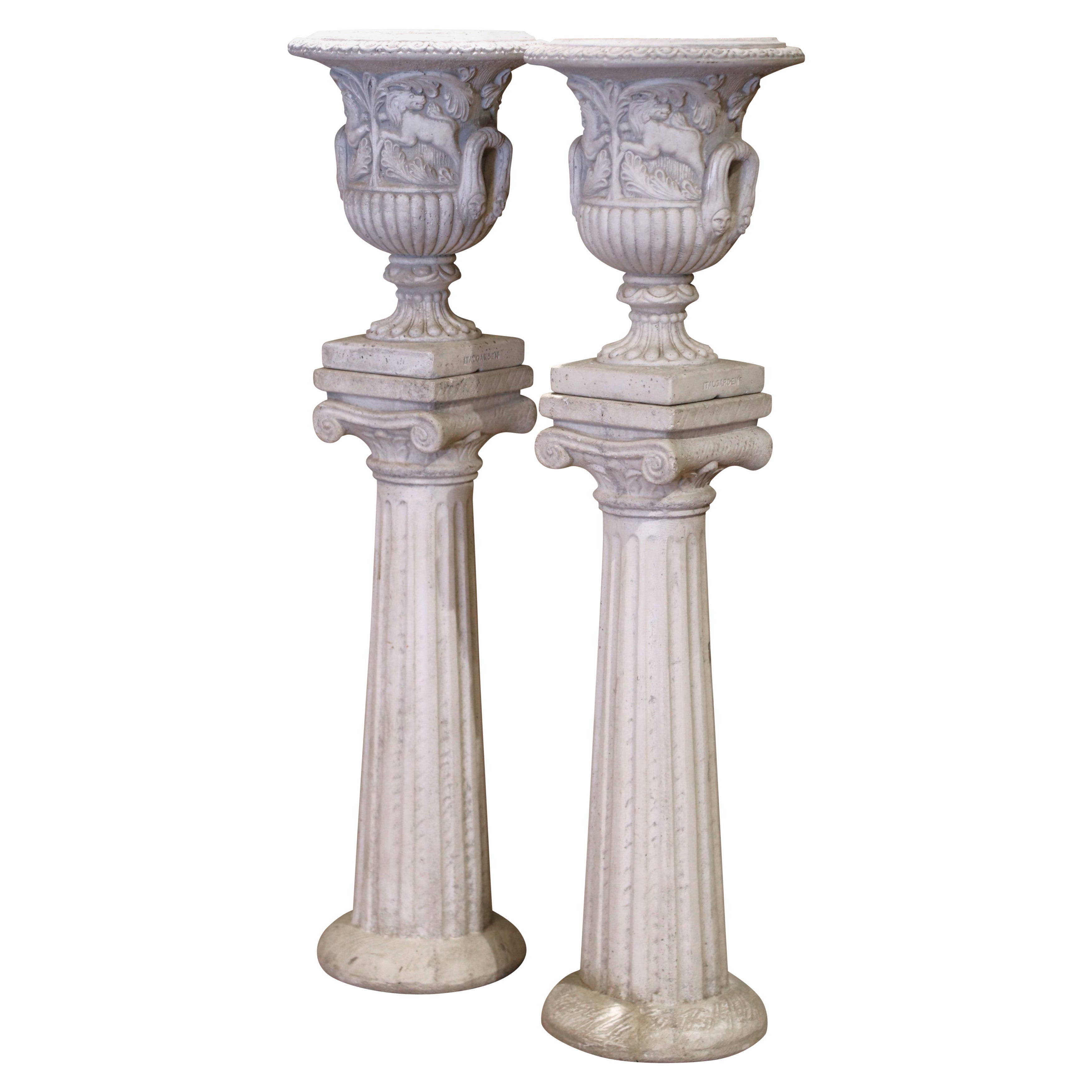 Pair of Mid-Century Italian Cast Stone Garden Urns on Pedestals by Italgarden
