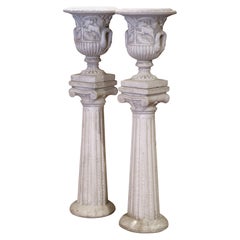 Pair of Mid-Century Italian Cast Stone Garden Urns on Pedestals by Italgarden