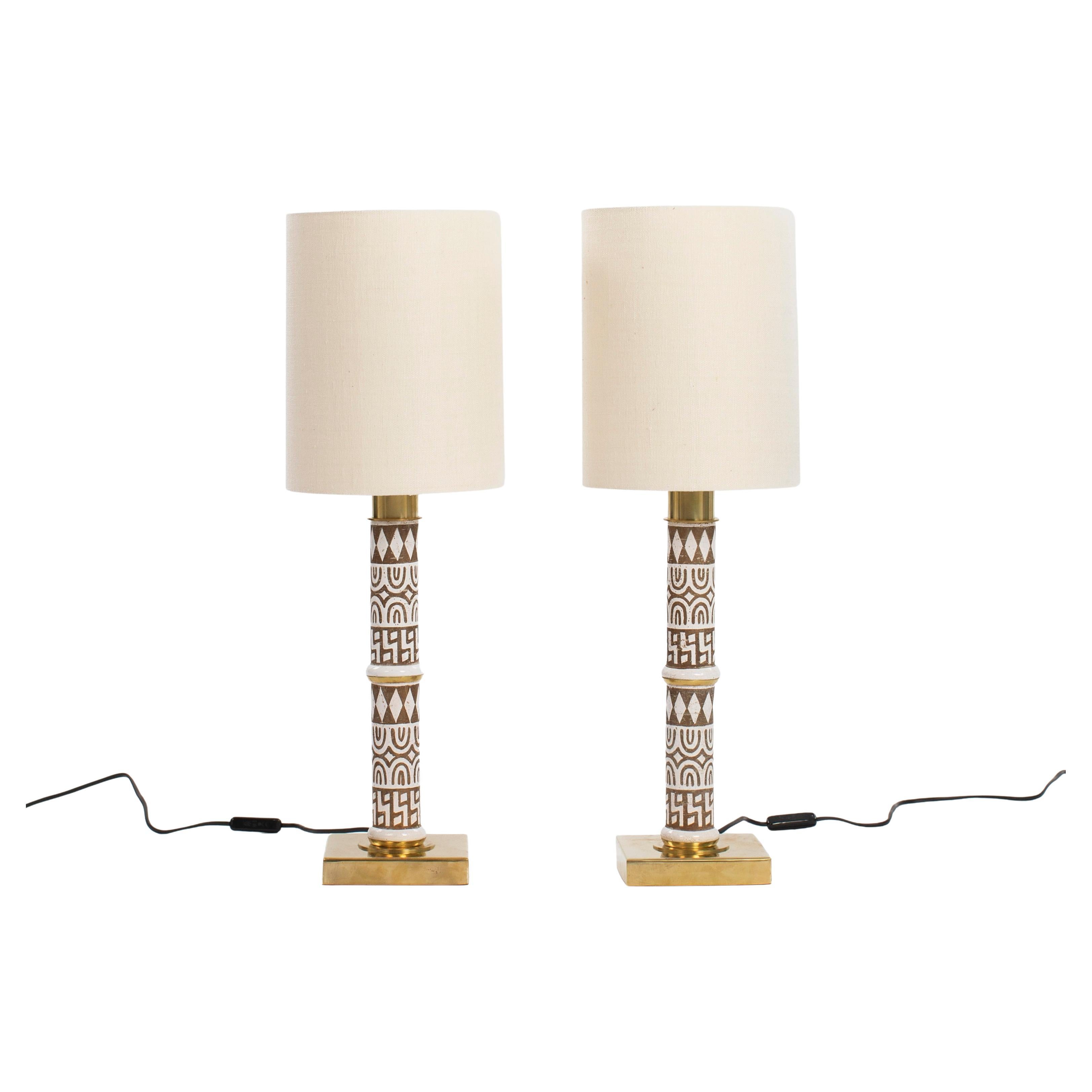 Pair of Mid-Century Italian Ceramic-Brass Table Lamps by Banci Firence, 1980s