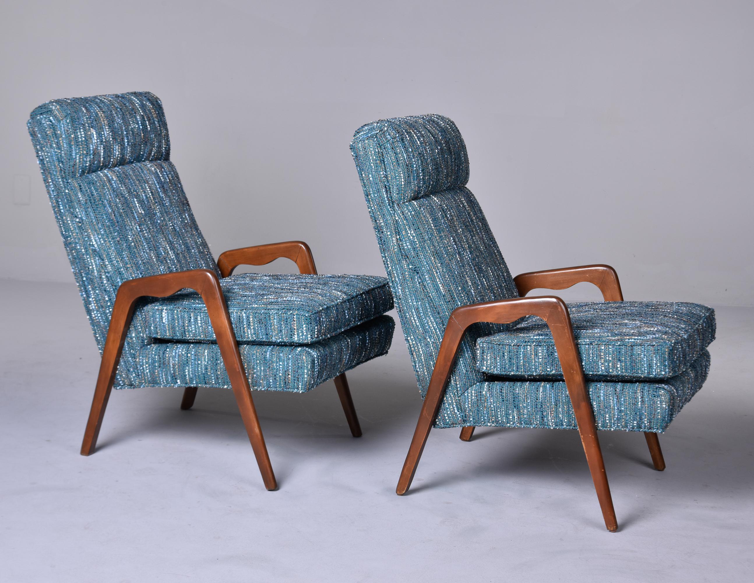 Pair of Mid-Century Italian Chairs with New Teal Tweed Upholstery For Sale 5