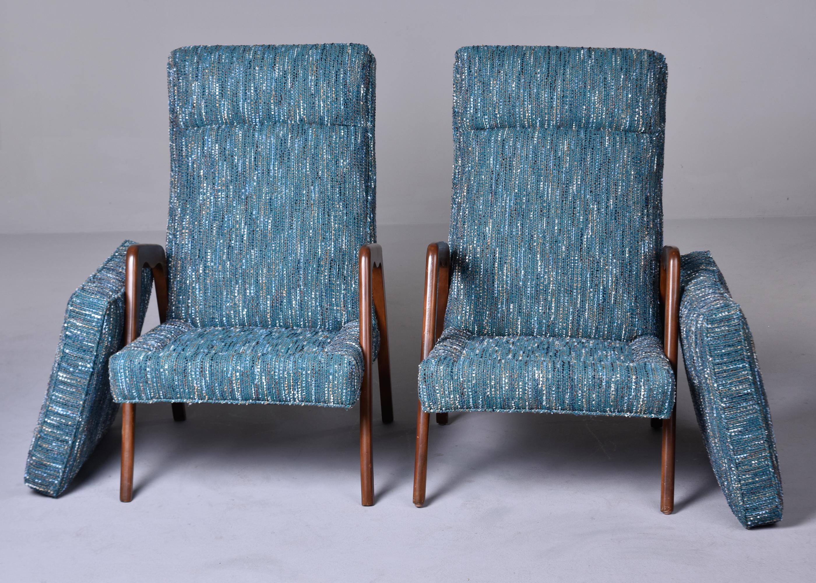 Pair of Mid-Century Italian Chairs with New Teal Tweed Upholstery For Sale 7