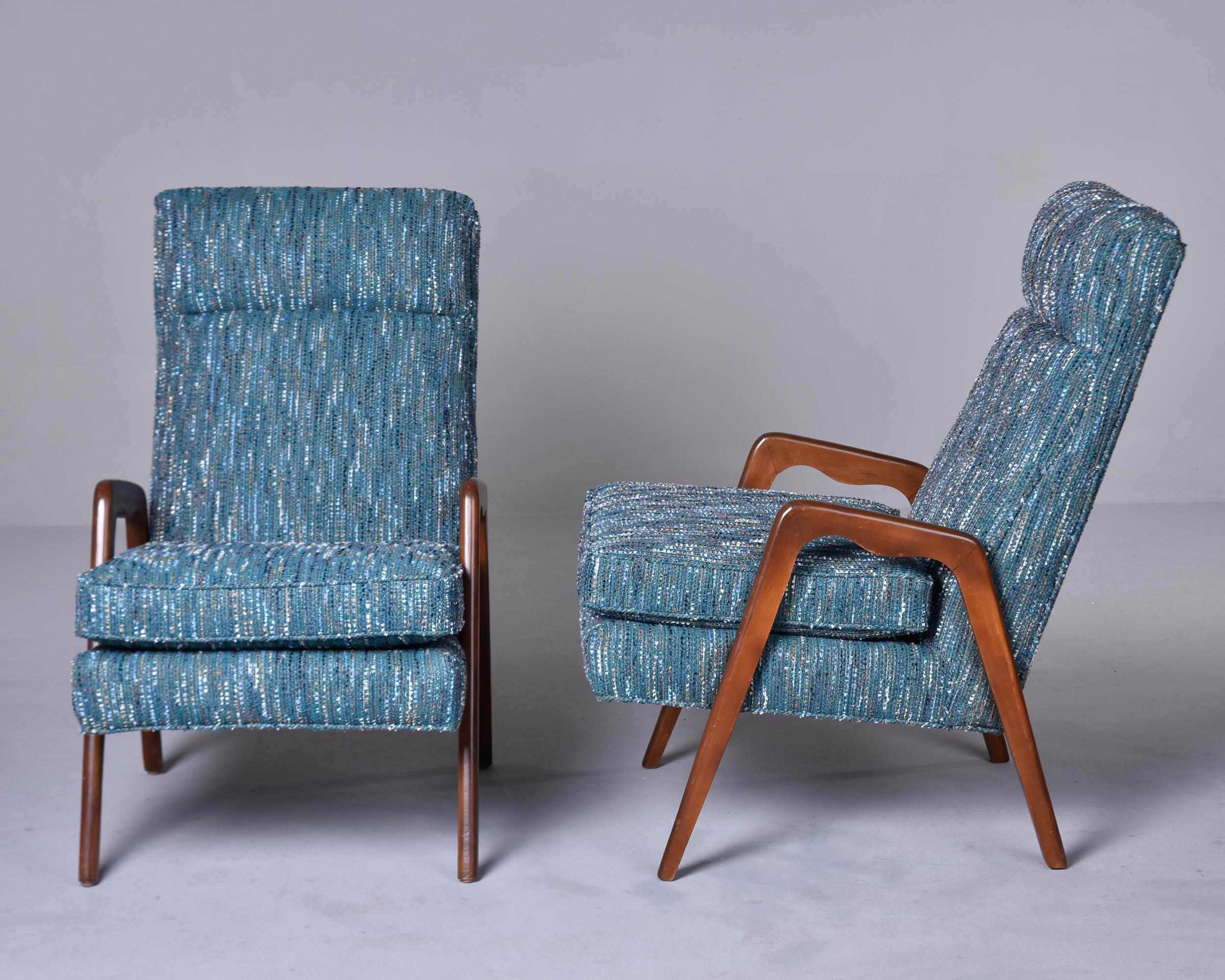 Mid-Century Modern Pair of Mid-Century Italian Chairs with New Teal Tweed Upholstery For Sale