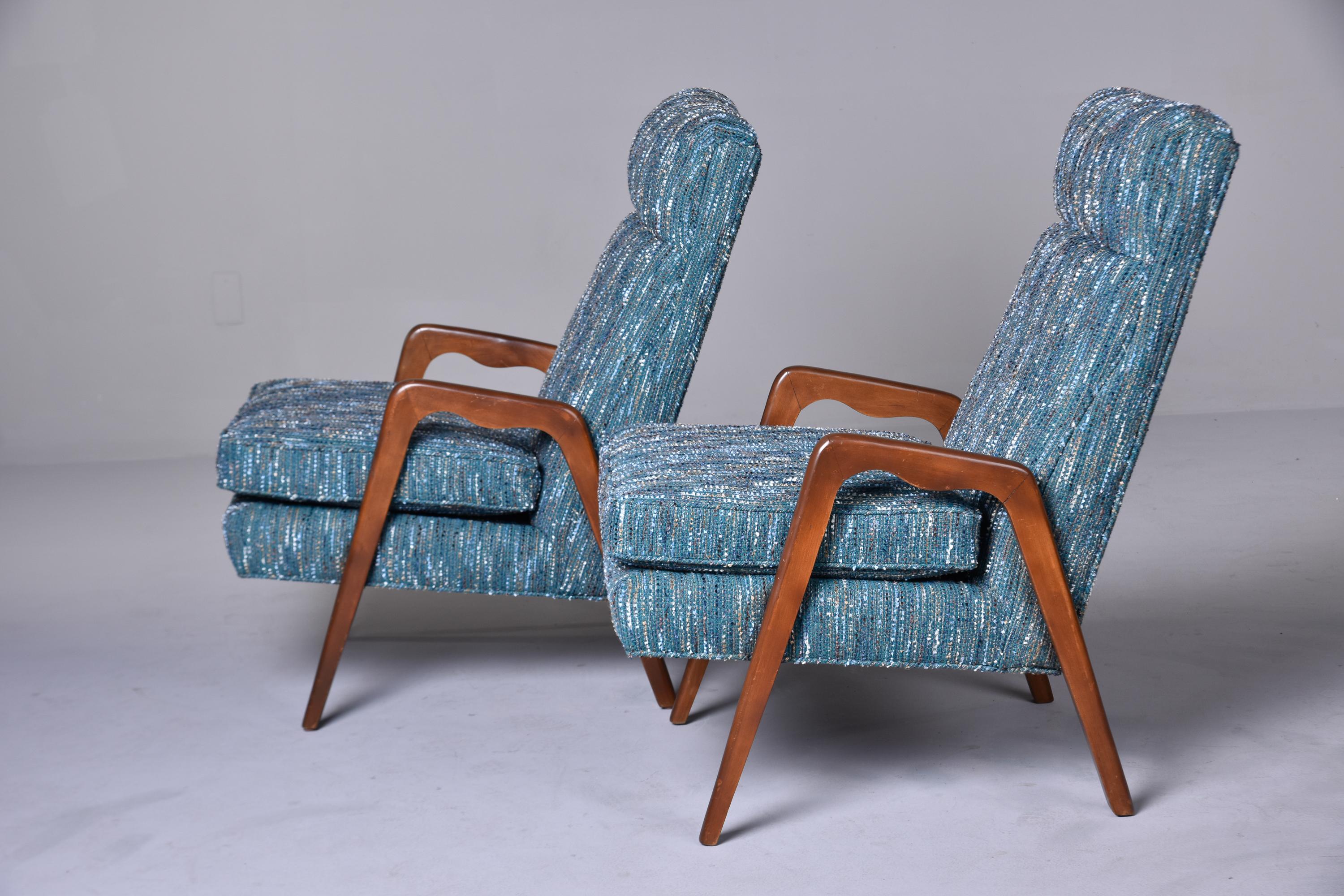 20th Century Pair of Mid-Century Italian Chairs with New Teal Tweed Upholstery For Sale