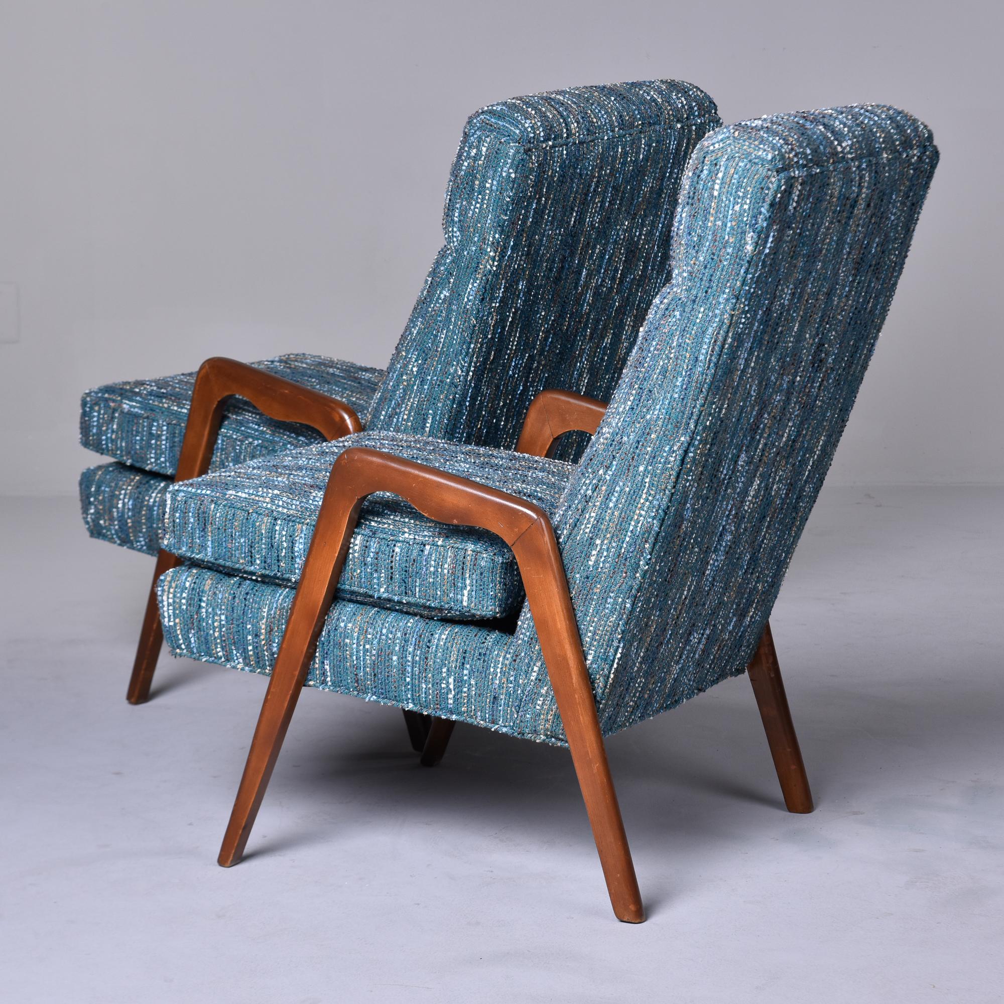 Pair of Mid-Century Italian Chairs with New Teal Tweed Upholstery For Sale 1