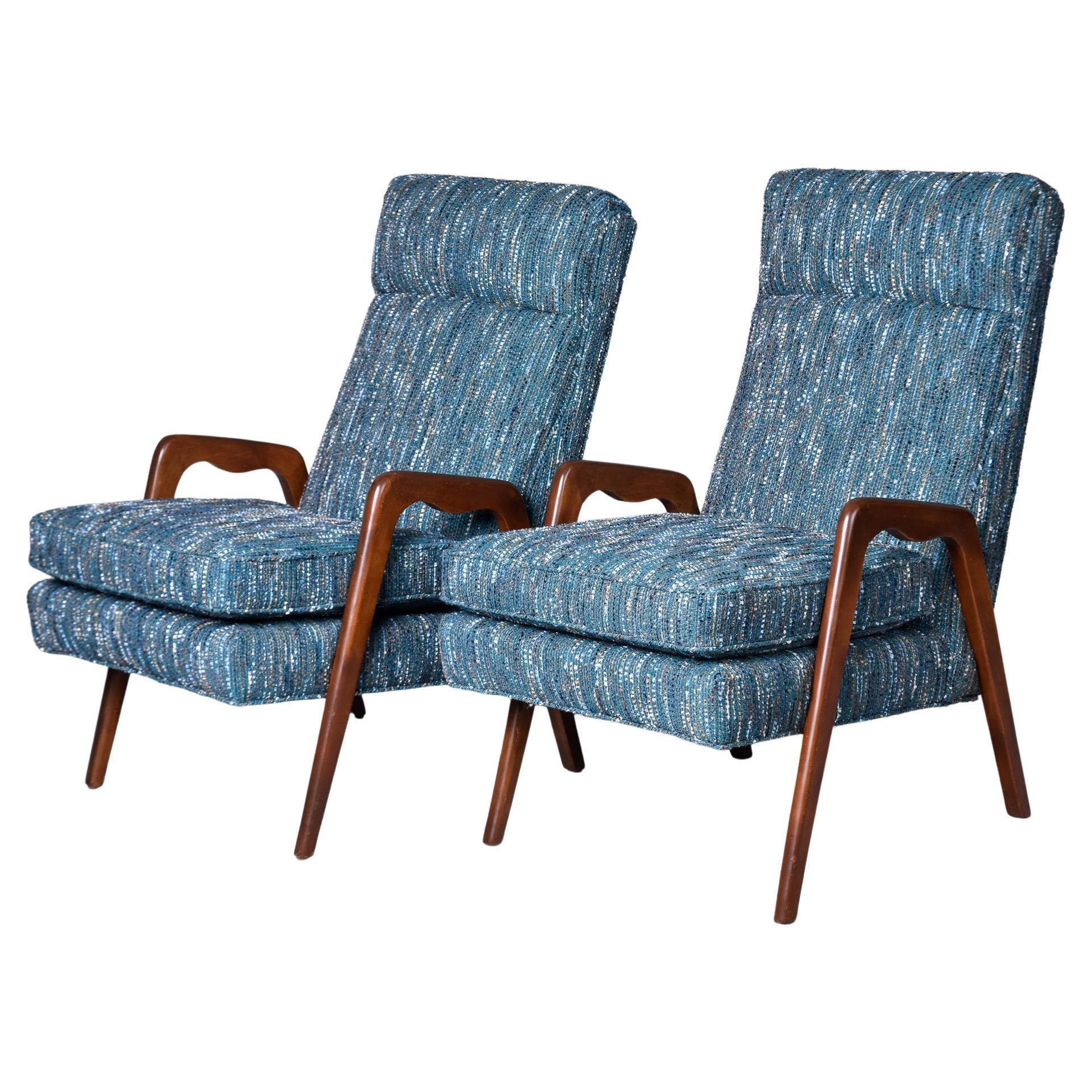 Pair of Mid-Century Italian Chairs with New Teal Tweed Upholstery For Sale