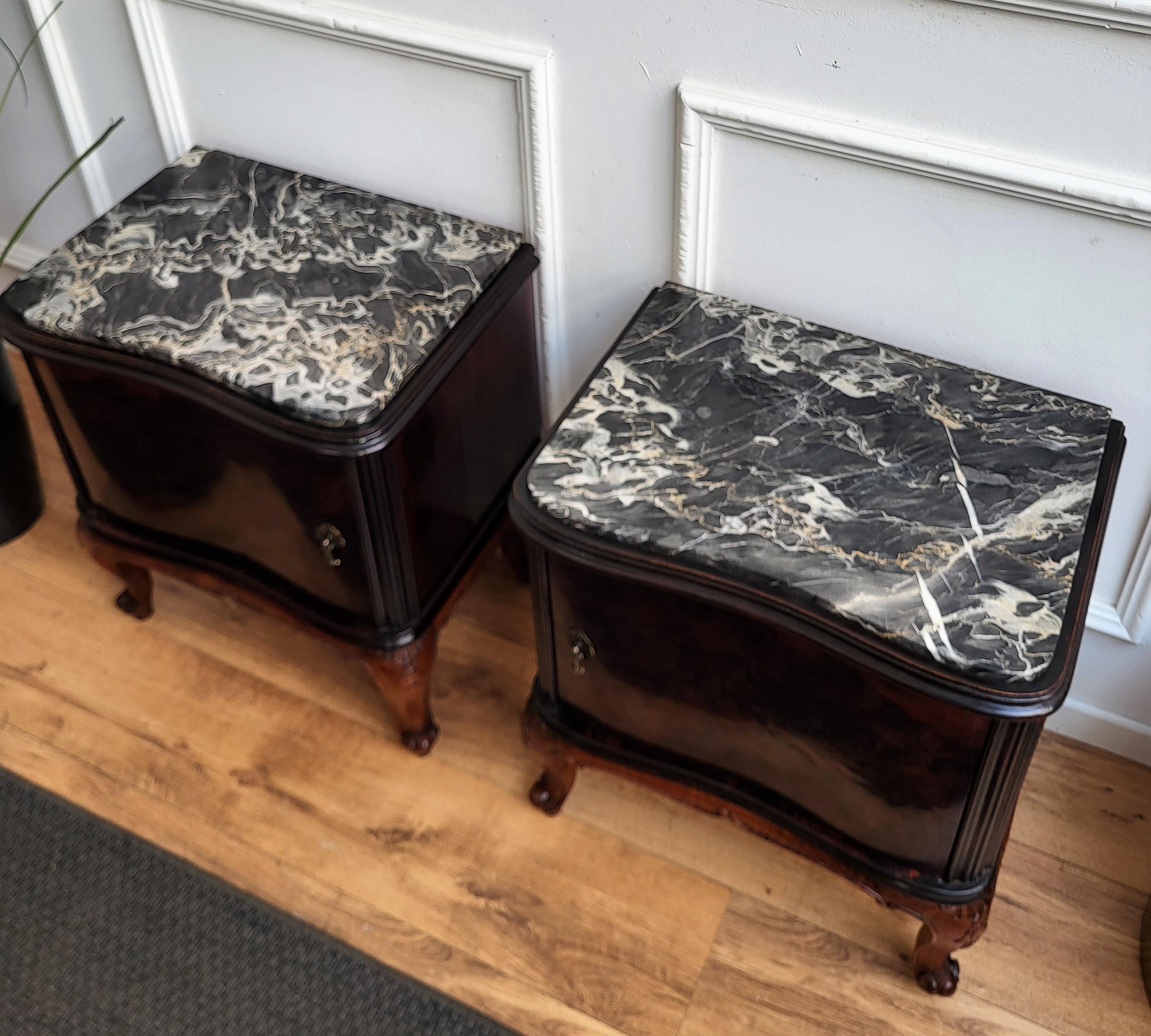 20th Century Pair of Mid-Century Italian Chippendale Night Stands Bed Side Tables Marble Top