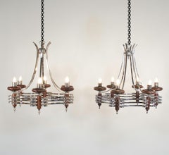 Pair of Mid-Century Italian Chrome and Wood Chandeliers