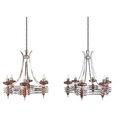 Pair of Mid-Century Italian Chrome and Wood Chandeliers