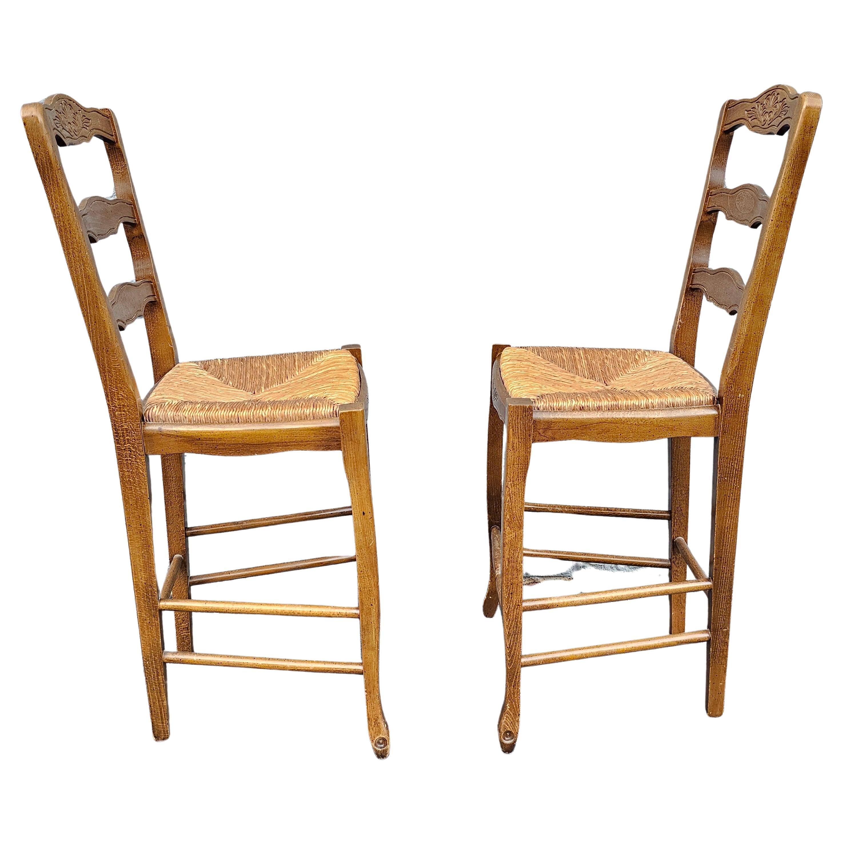 Pair of Mid-Century Italian Country Carved and Rush Seat Counter Chairs For Sale 1