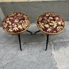 Pair of Mid-Century Italian Design Dark Burgundy Floreal Fabric Stools 1950