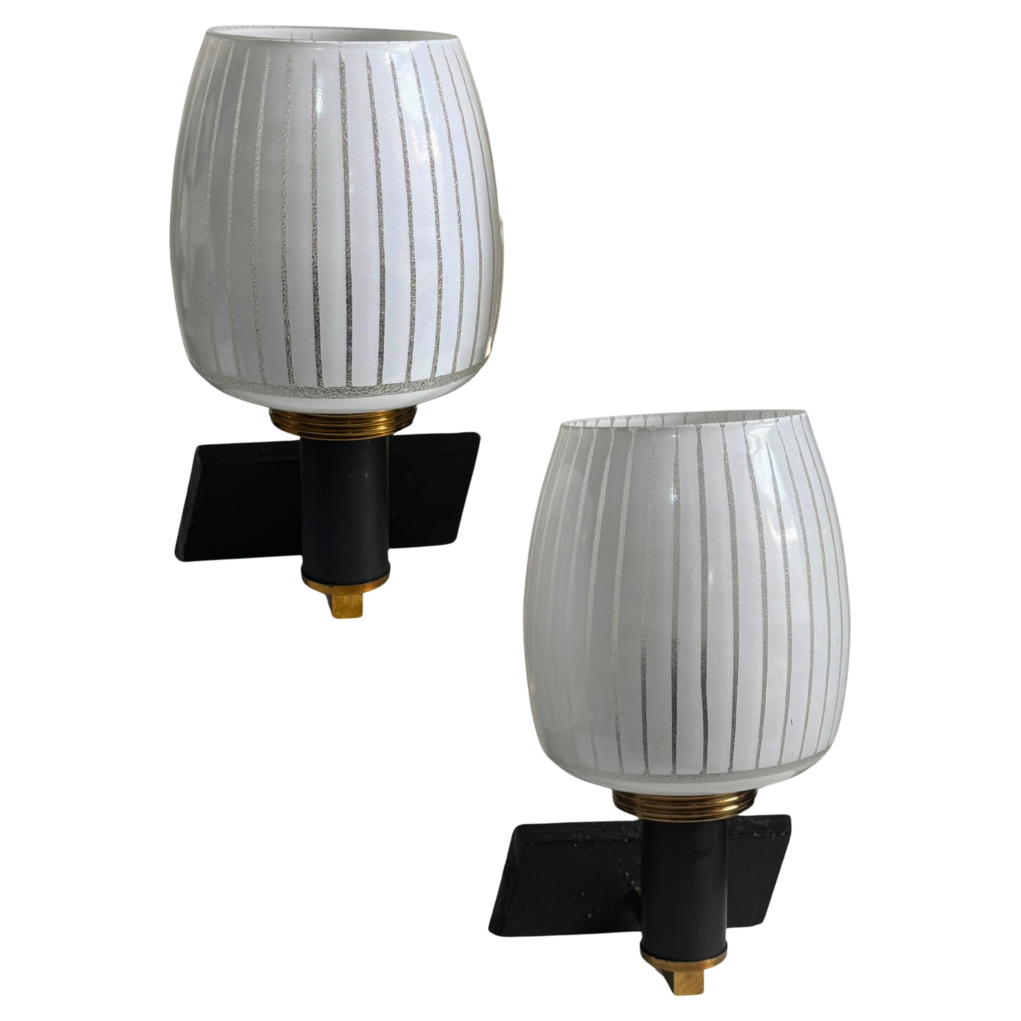 Pair of Mid-Century Italian Frosted Glass and Brass Wall Sconces