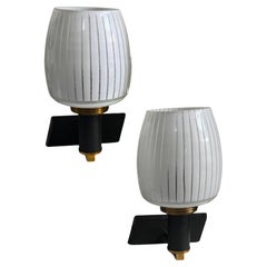 Pair of Mid-Century Italian Frosted Glass and Brass Wall Sconces