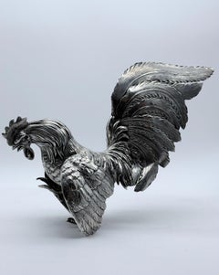 Pair of Mid-Century Italian/German .800 Silver Fighting Roosters Sculptures
