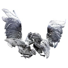 Pair of Mid-Century Italian/German .800 Silver Fighting Roosters Sculptures