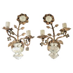 Retro Pair of Mid-Century Italian Gilt Hollywood Regency Potted Flowers Wall Sconces