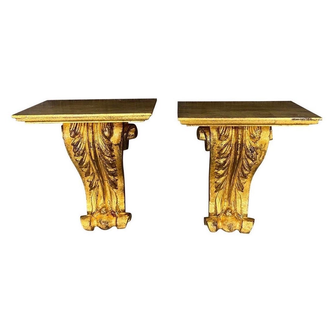 Paire de supports à feuilles d'acanthe en bois doré italien du milieu du siècle, 8 ensembles disponibles en vente