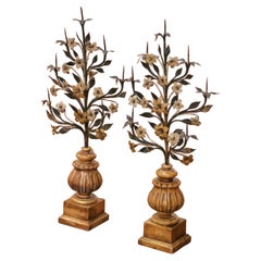 Pair of Mid-Century Italian Giltwood and Wrought Iron Pricket Candle Holders