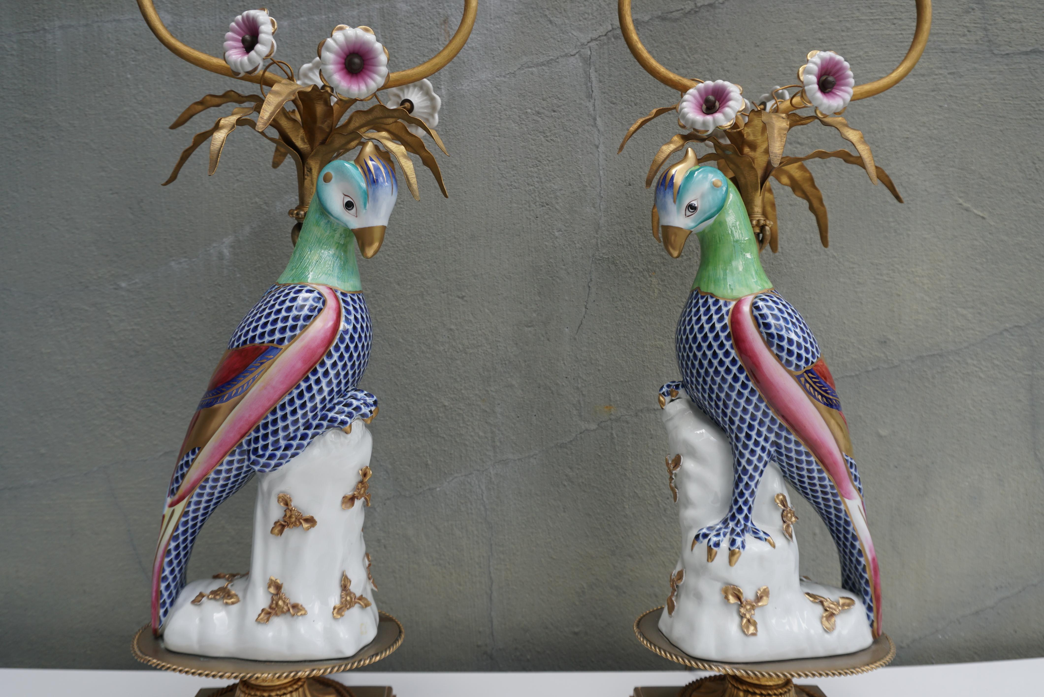 Brass Pair of Mid Century Italian Giulia Mangani Porcelain Parrot Bird Table Lamps