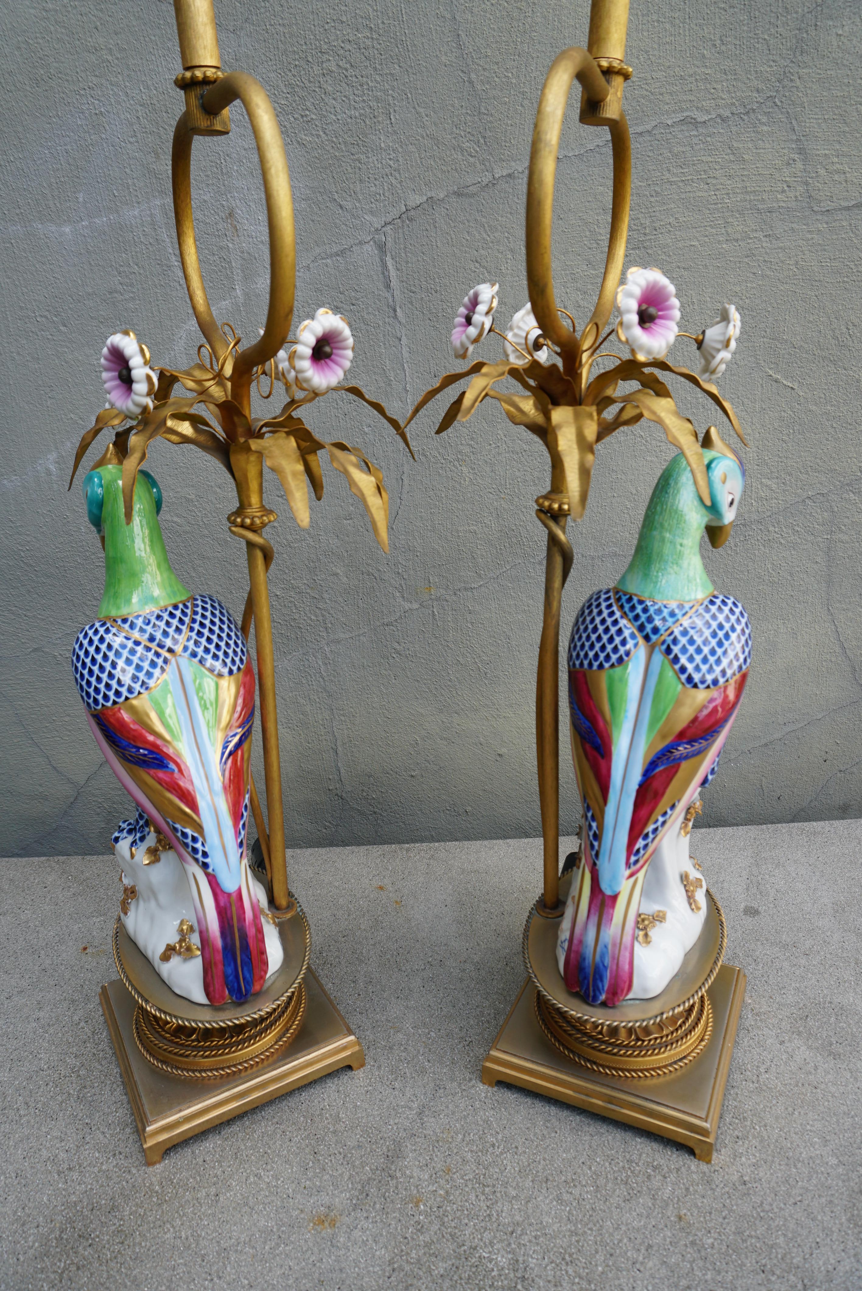 Pair of Mid Century Italian Giulia Mangani Porcelain Parrot Bird Table Lamps 1
