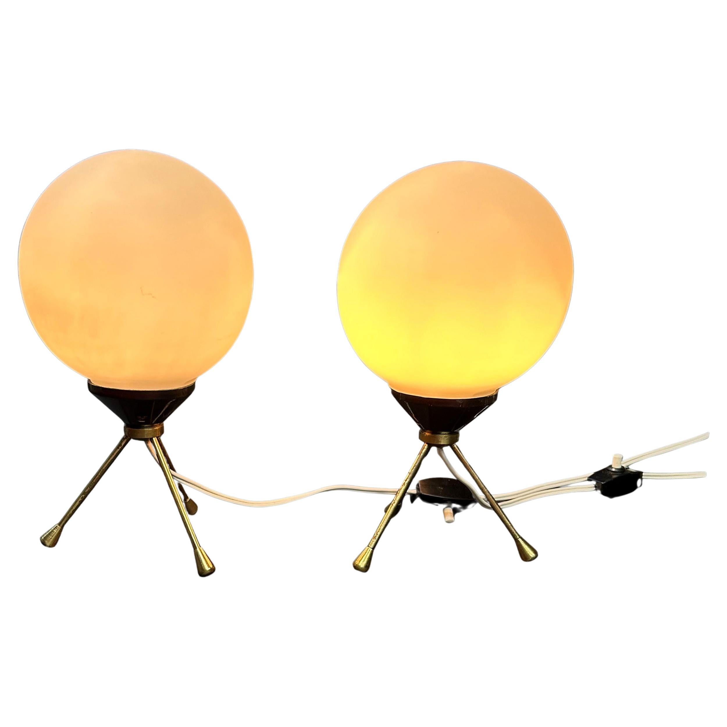 Pair of Mid-Century Italian Glass and Brass Table Lamps For Sale