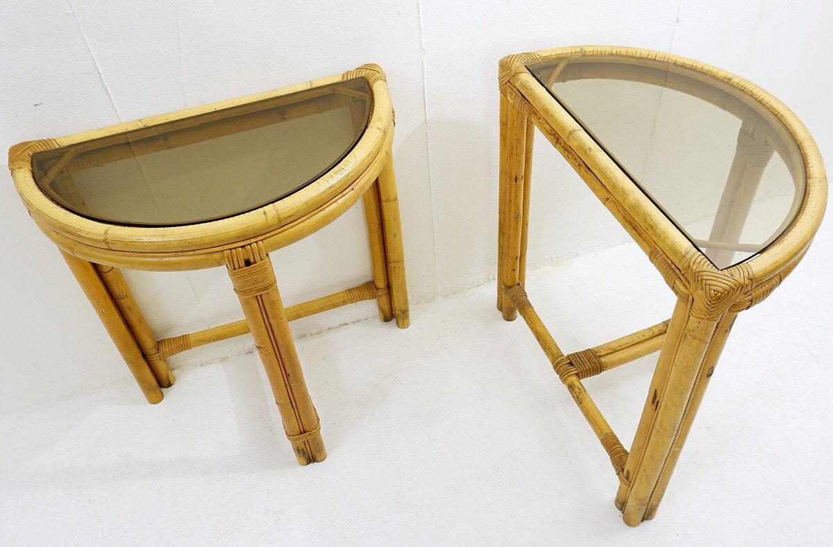 Pair of mid-century italian half-moon bamboo and smoked glass console tables For Sale 3