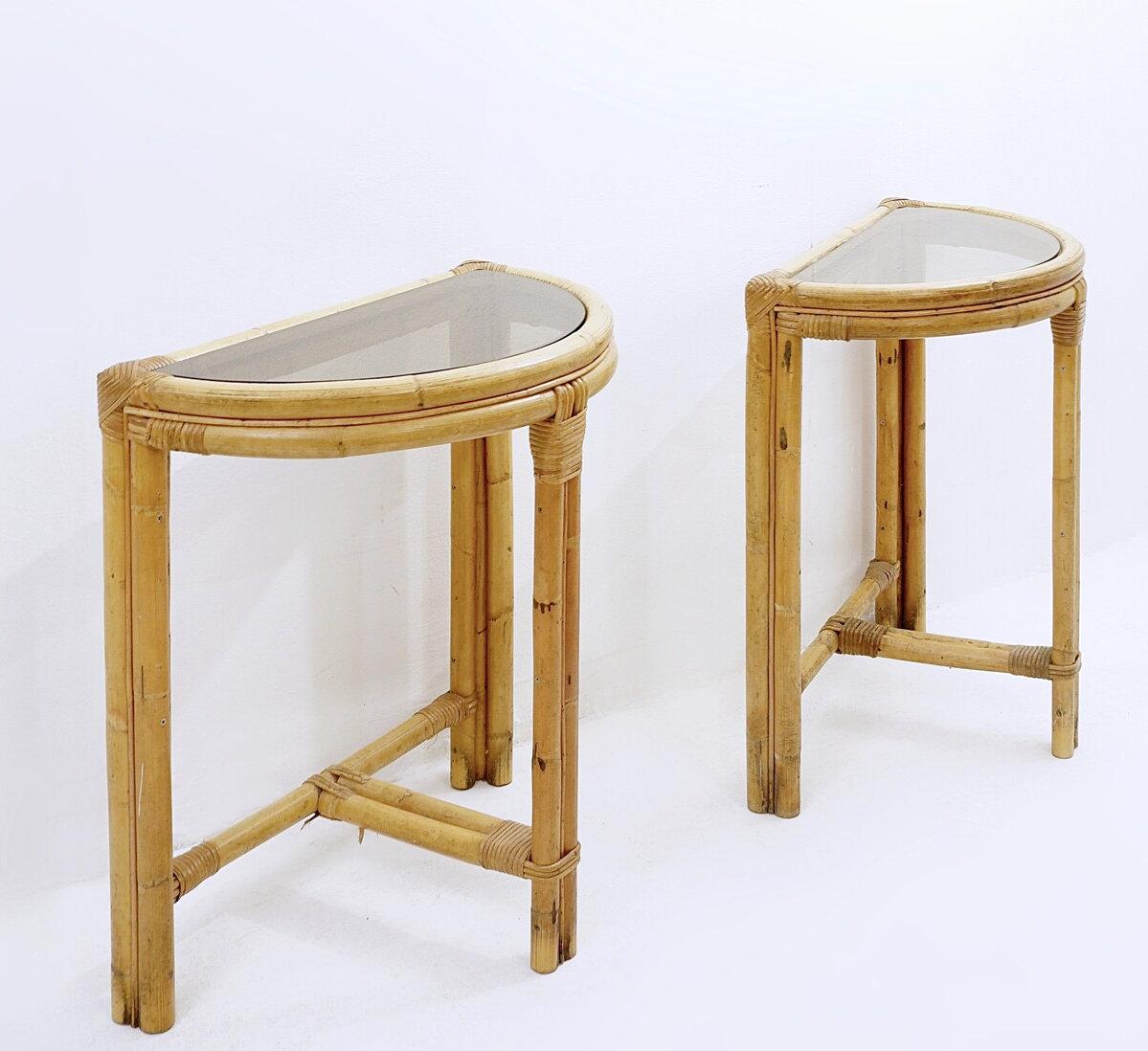 Mid-Century Modern Pair of mid-century italian half-moon bamboo and smoked glass console tables For Sale
