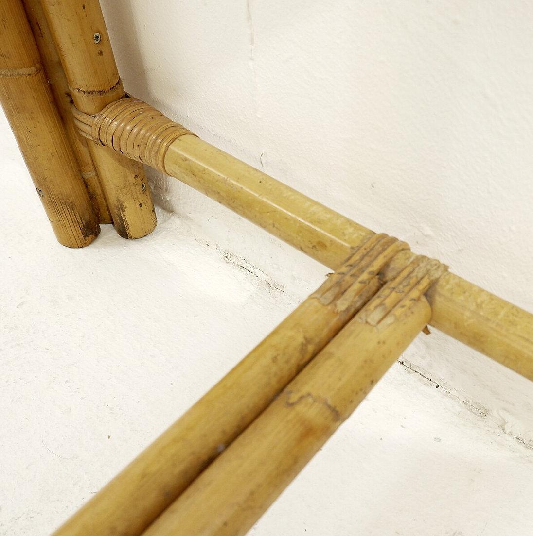 Italian Pair of mid-century italian half-moon bamboo and smoked glass console tables For Sale