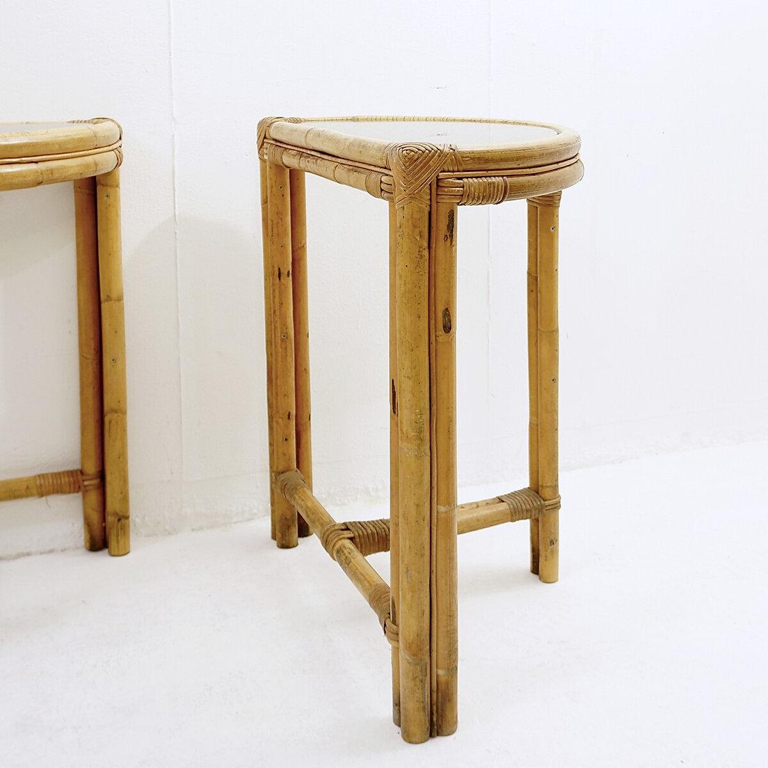 Pair of mid-century italian half-moon bamboo and smoked glass console tables In Good Condition For Sale In Linkebeek, BE