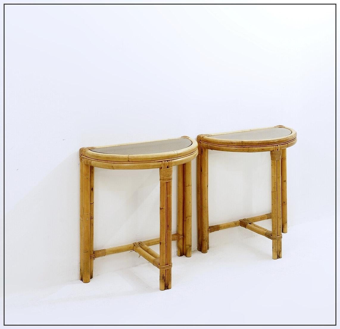 20th Century Pair of mid-century italian half-moon bamboo and smoked glass console tables For Sale