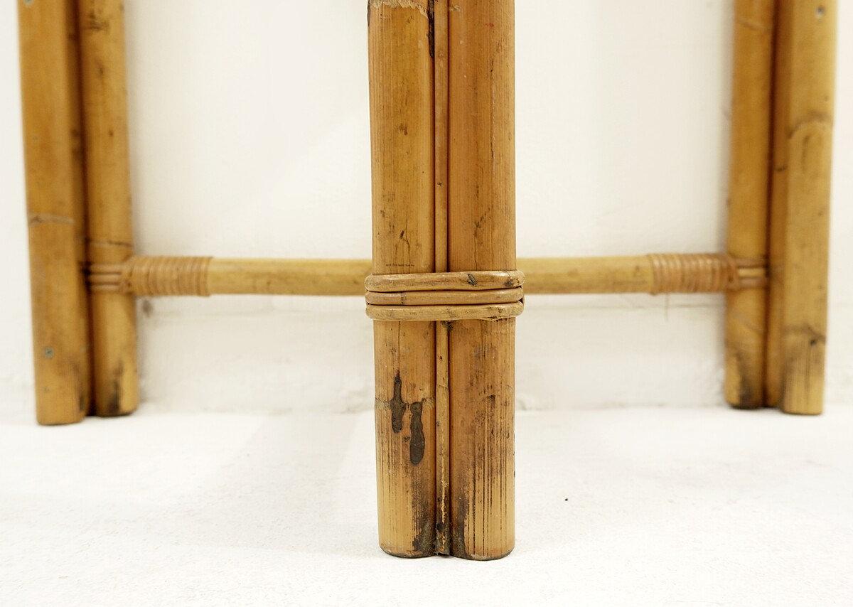 Bamboo Pair of mid-century italian half-moon bamboo and smoked glass console tables For Sale