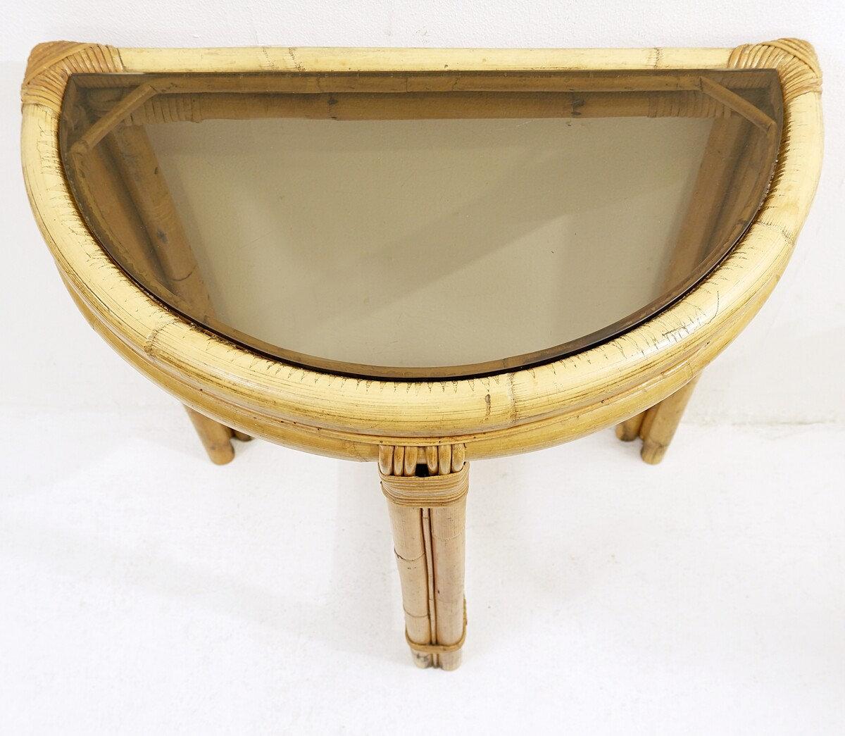 Pair of mid-century italian half-moon bamboo and smoked glass console tables For Sale 1
