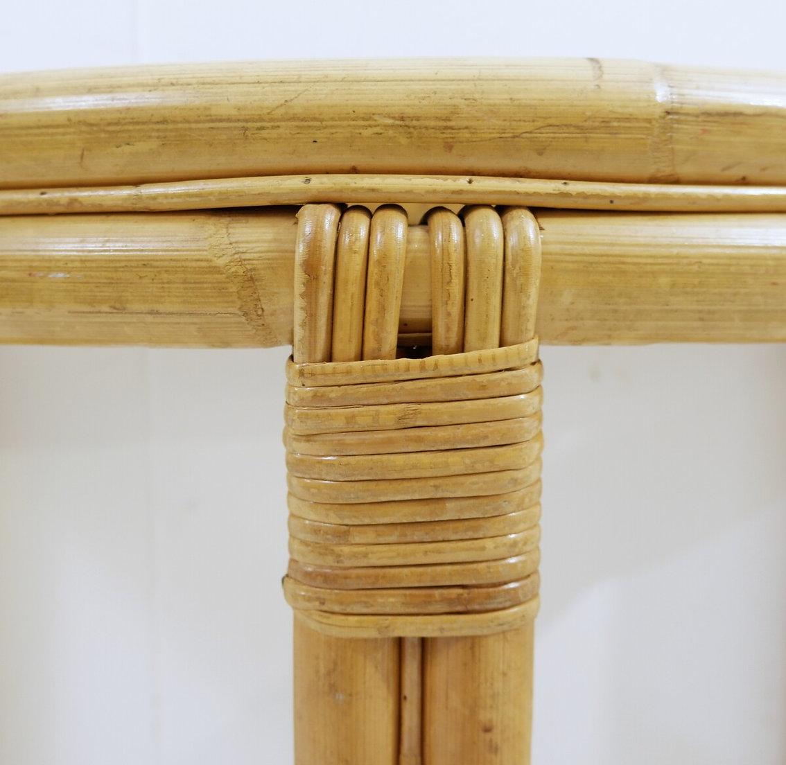 Pair of mid-century italian half-moon bamboo and smoked glass console tables For Sale 2
