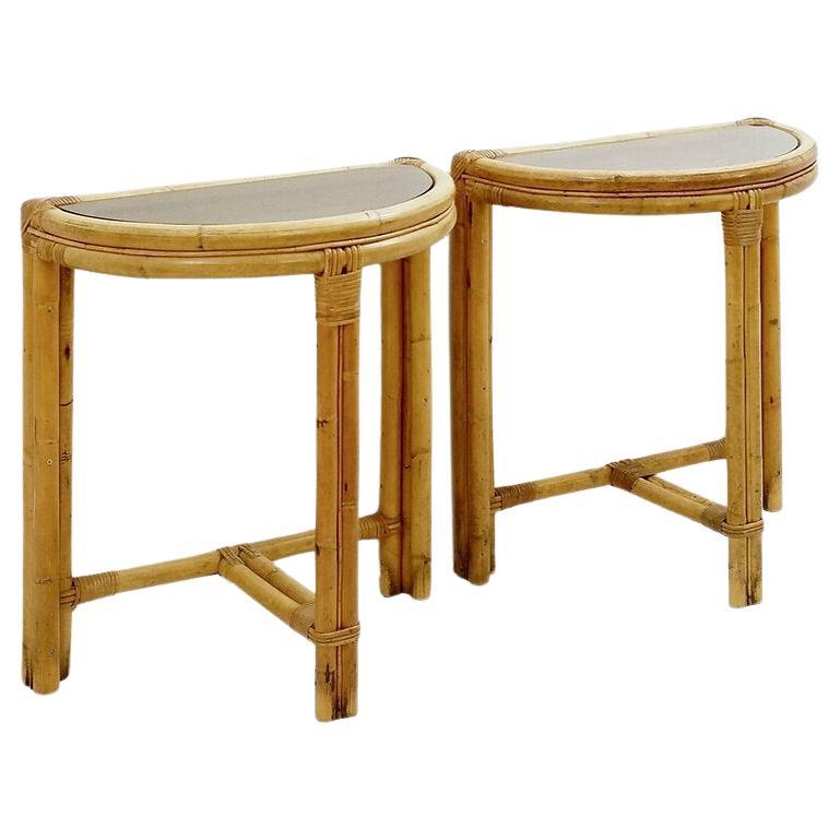 Pair of mid-century italian half-moon bamboo and smoked glass console tables For Sale