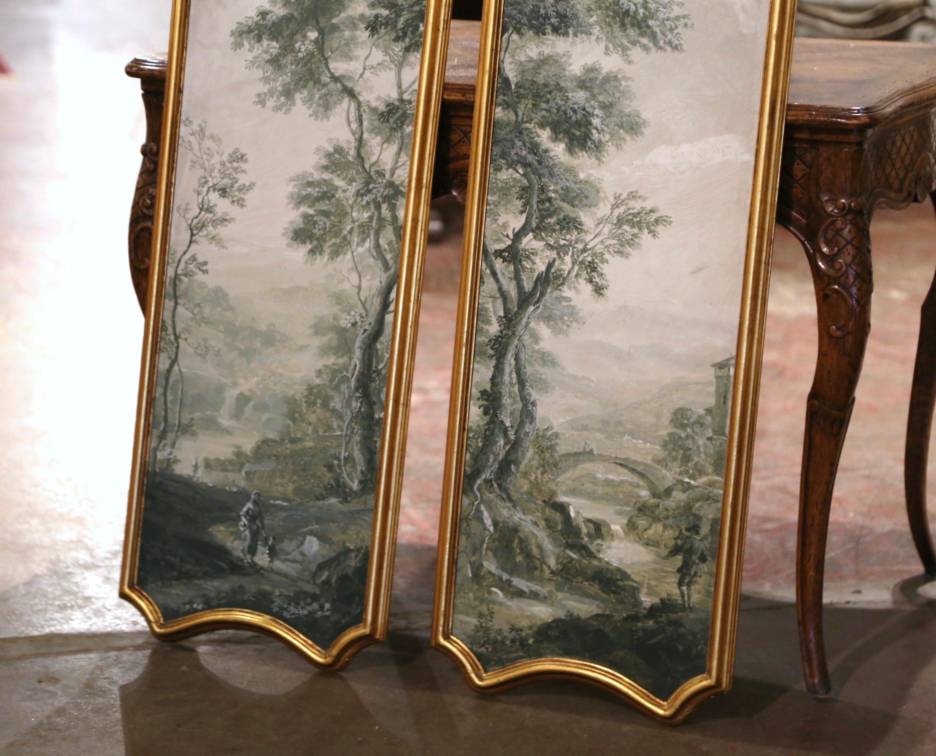 Pair of Midcentury Italian Hand Painted Gilt Framed Wood Panels In Excellent Condition In Dallas, TX