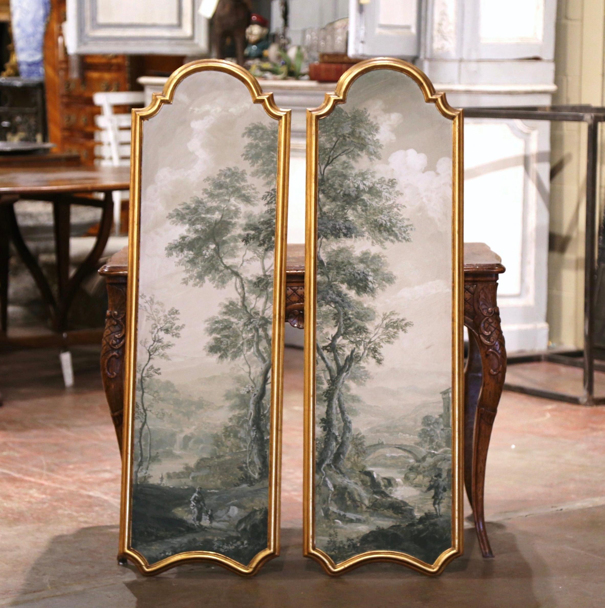 20th Century Pair of Midcentury Italian Hand Painted Gilt Framed Wood Panels
